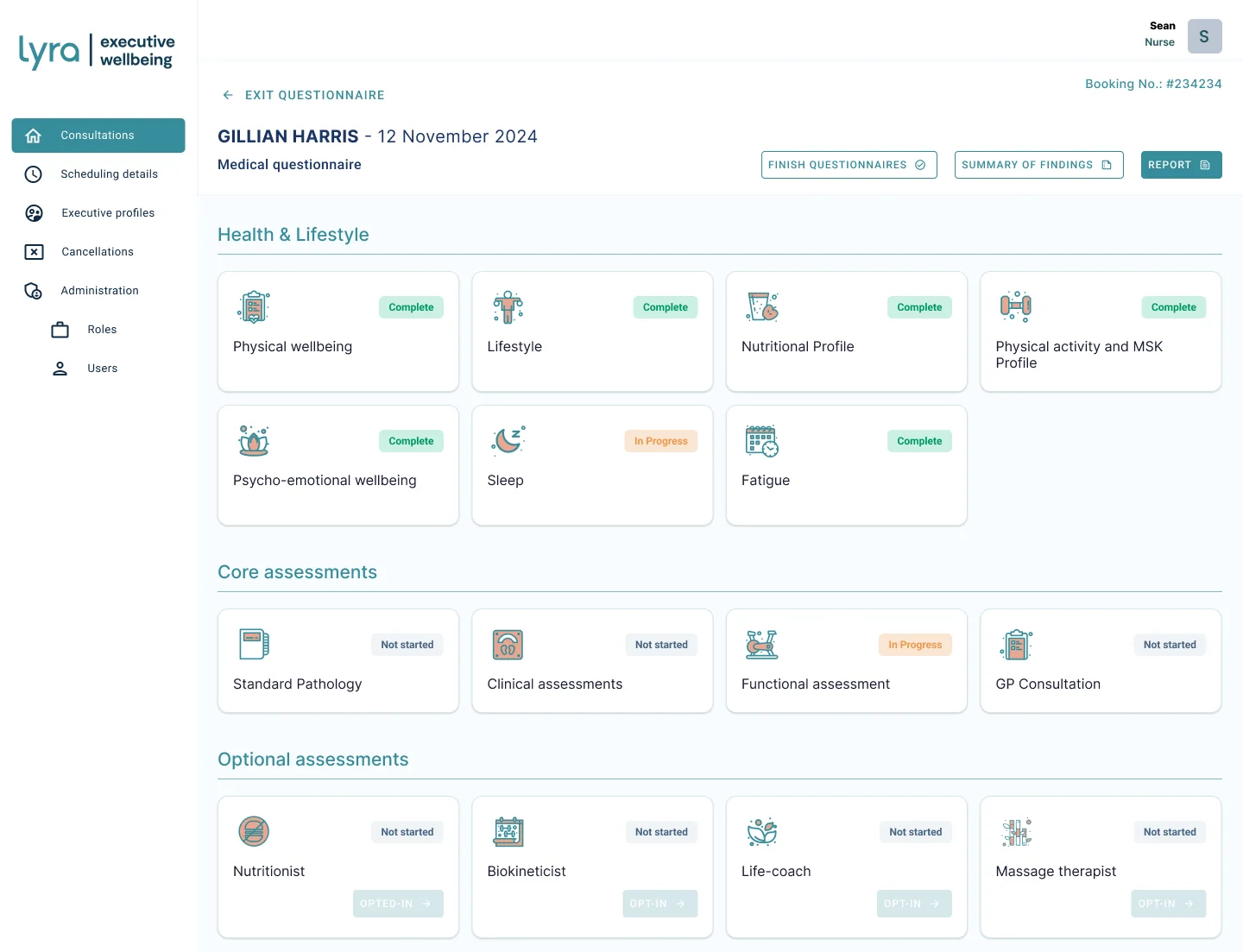 The Lyra appointment module dashboard, with each assessment shown as a card carrying its own status